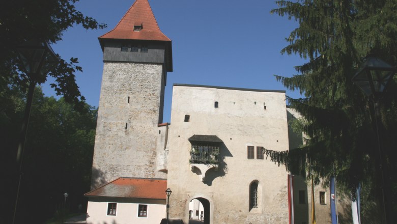 Ulmerfeld Castle, © Stadtgmeinde Amstetten Ulmerfeld Castle with tower and entrance gate, surrounded by trees and flags.