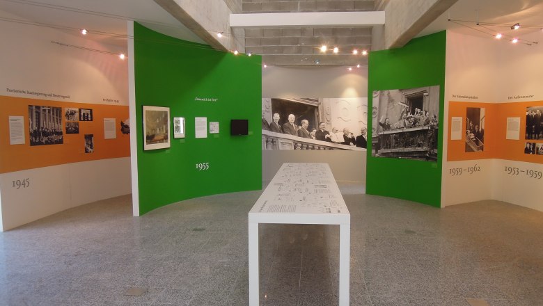 Interior view of the Leopold Figl Museum with historical exhibition walls and photos.