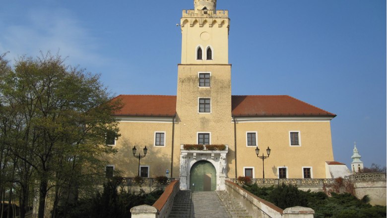 Castle with yellow fa&ccedil;ade and red roof, central tower, wide stone staircase, blue sky.