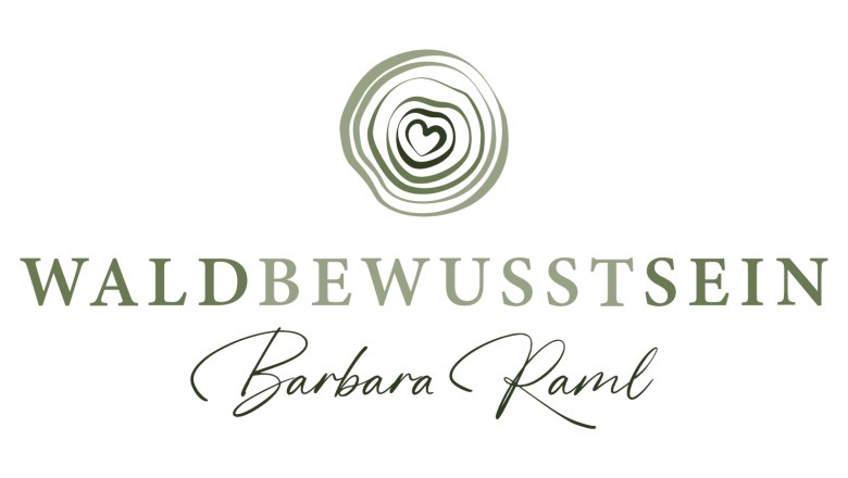 Logo with the words 'Waldbewusstsein Barbara Raml' and a stylized tree ring with a heart in the middle.