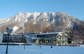 Wintery castle nursery Wartholz in front of a snow-covered mountain.