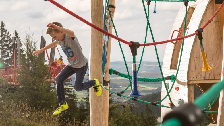Children playing on a climbing frame outdoors.