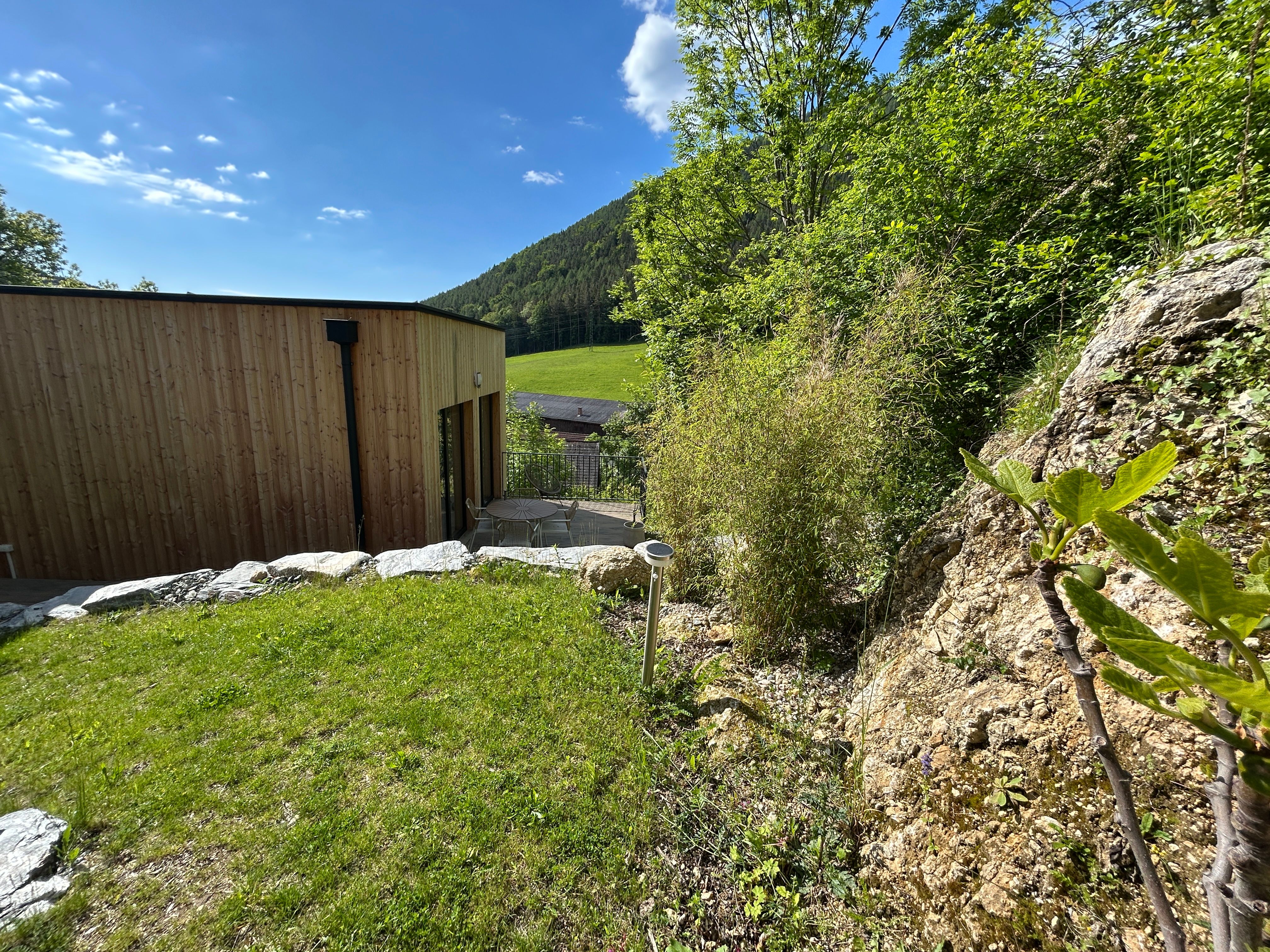 A modern tiny house with wooden cladding stands in a green, hilly landscape. Rocks and plants can be seen in the foreground.