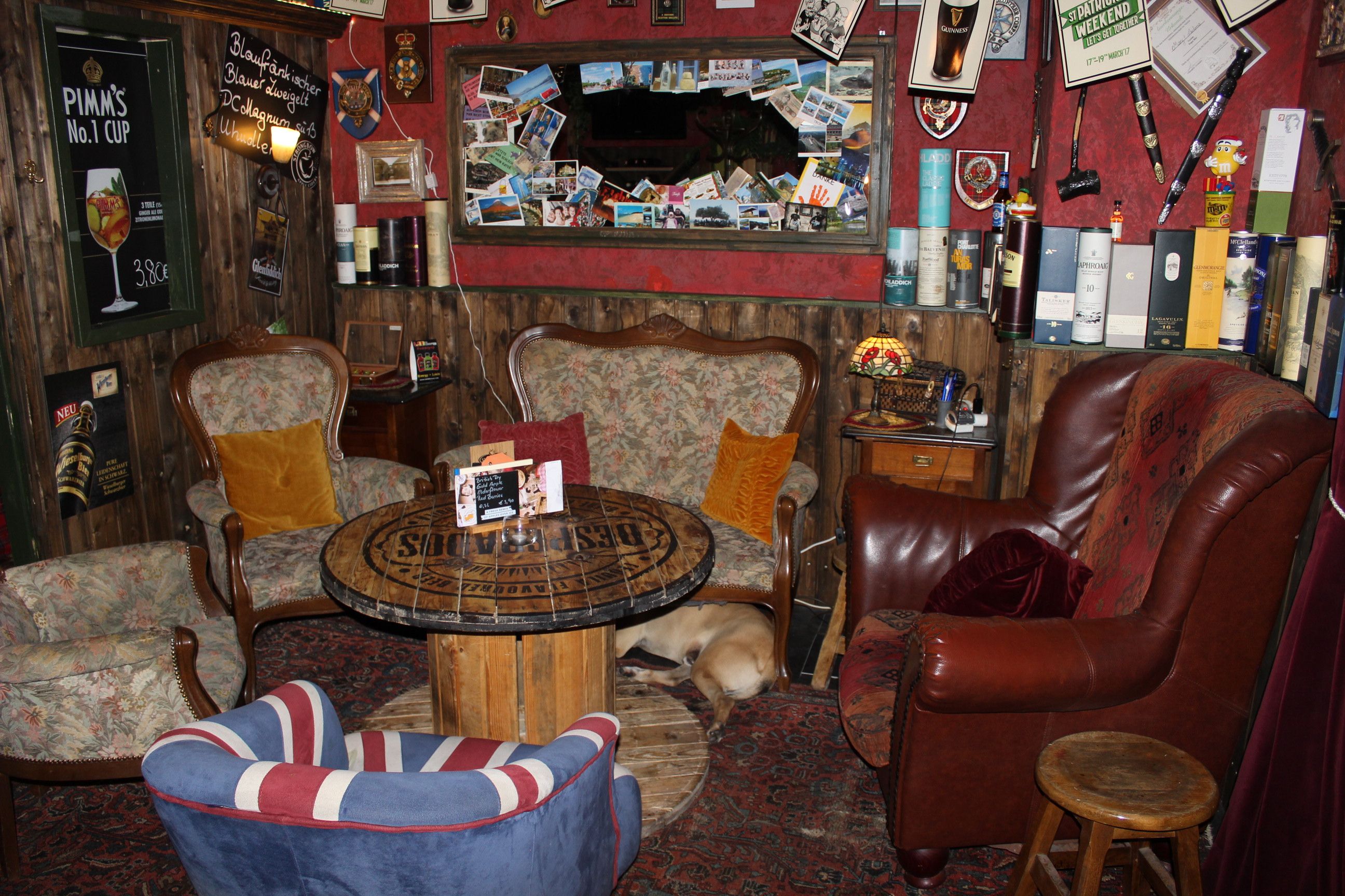 Cozy room with armchairs, table and dog on carpet.