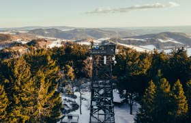 Observation tower in the forest in winter with snow-covered hills in the background.