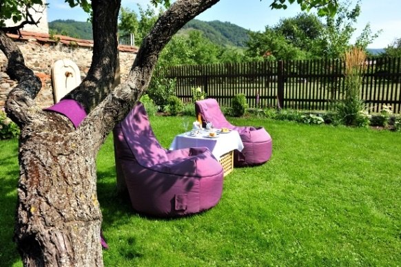 A garden with purple beanbags and a table on a green lawn, surrounded by a wooden fence and trees.