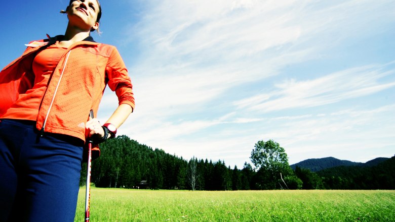 Woman Nordic walking in a meadow with forest and mountains in the background.
