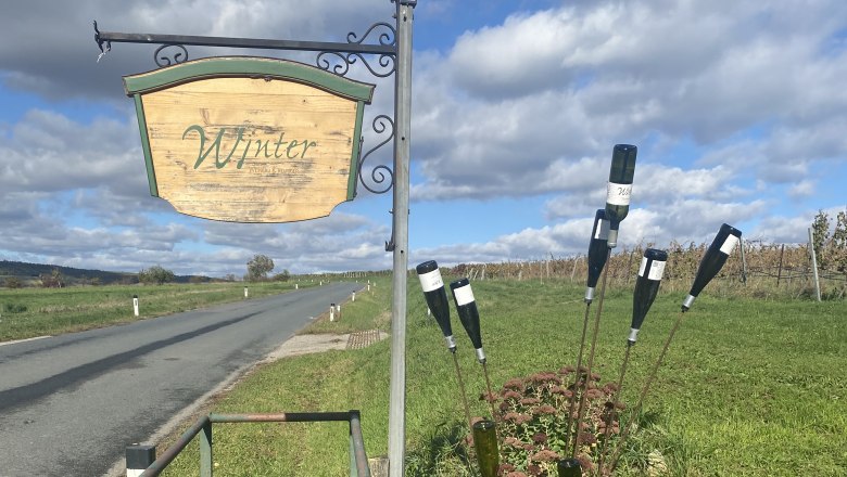 A wooden sign saying 'Winter' stands at the side of the road next to a meadow with flowers and bottles as decoration.