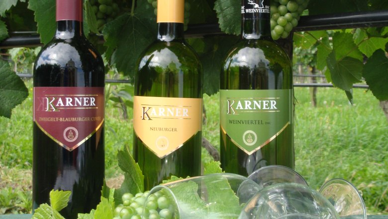 Three bottles of Karner wine with grapes and wine glasses on a table in front of vines.