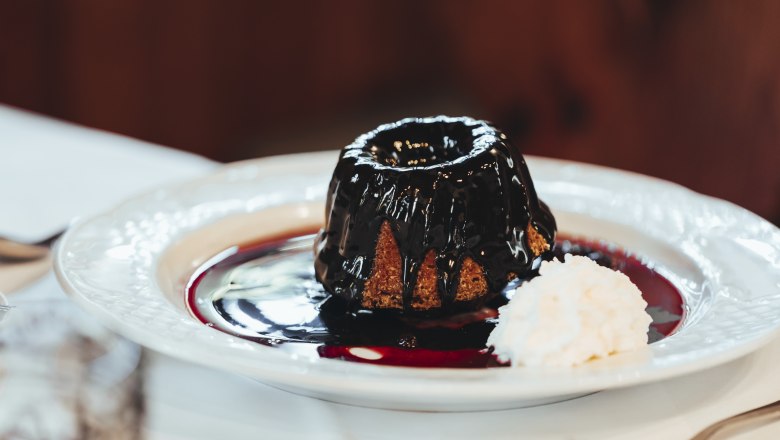 A Gugelhupf with chocolate sauce and whipped cream on a plate.