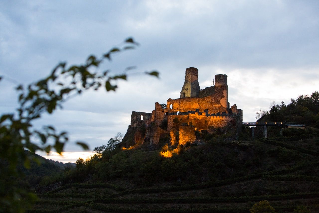 Illuminated Senftenberg castle ruins at dusk, surrounded by trees and vineyards.