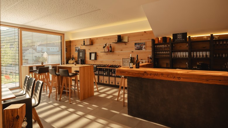 Interior view of a modern wine bar with wooden furniture and large windows.