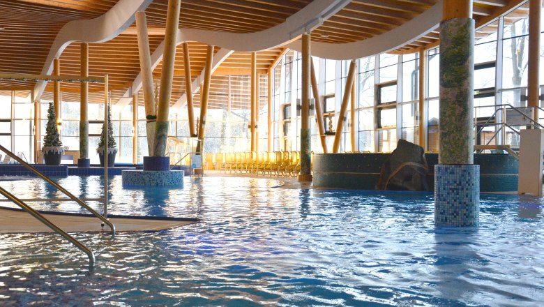 Interior view of a modern swimming pool with wooden columns and large windows.