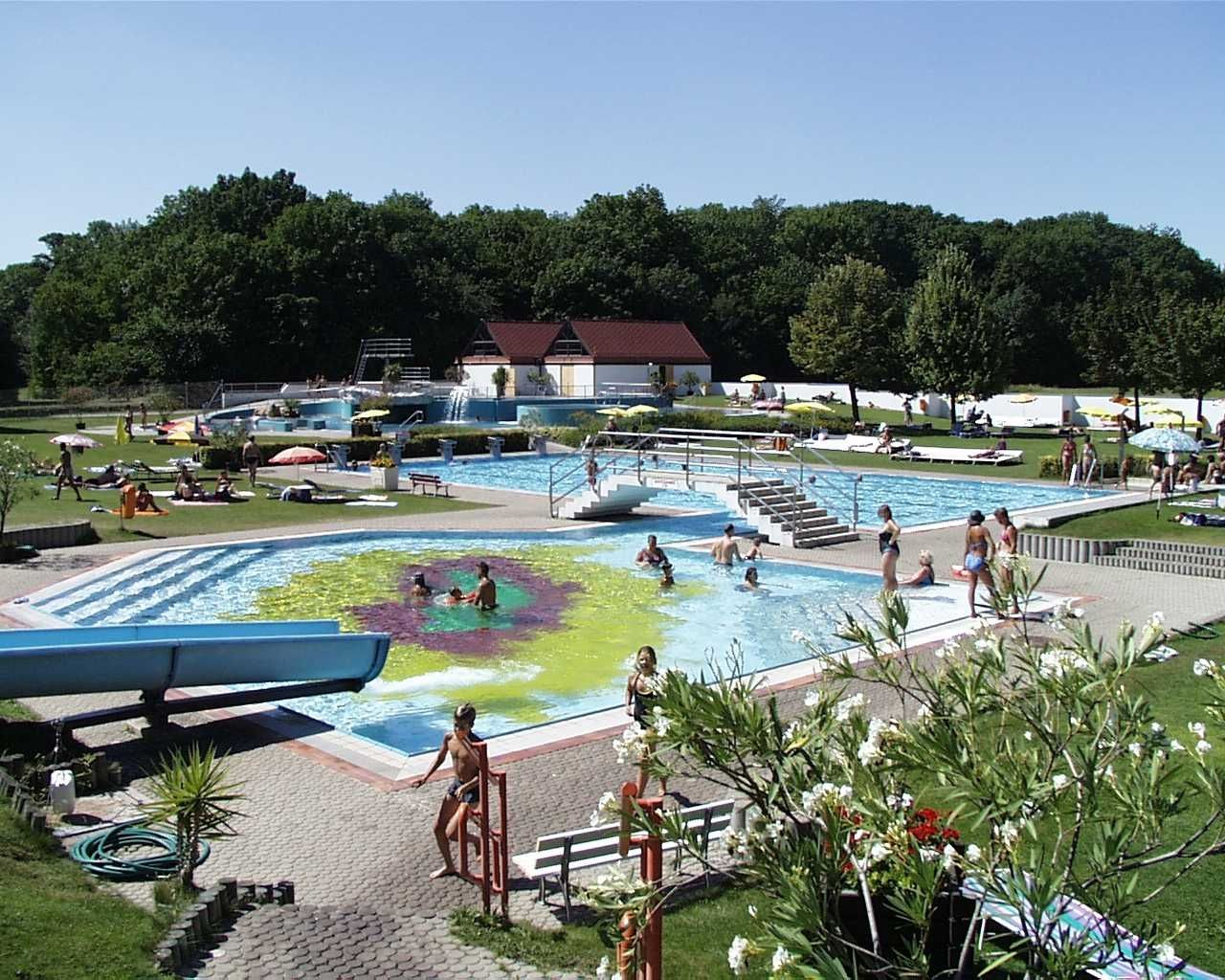 Outdoor pool with several pools, slide and sunbathing lawn, surrounded by trees.