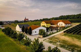 Aerial view of a winery with buildings and vineyards at sunset.