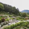 A terraced garden with stones, plants and seating areas, surrounded by trees and mountains in the background.