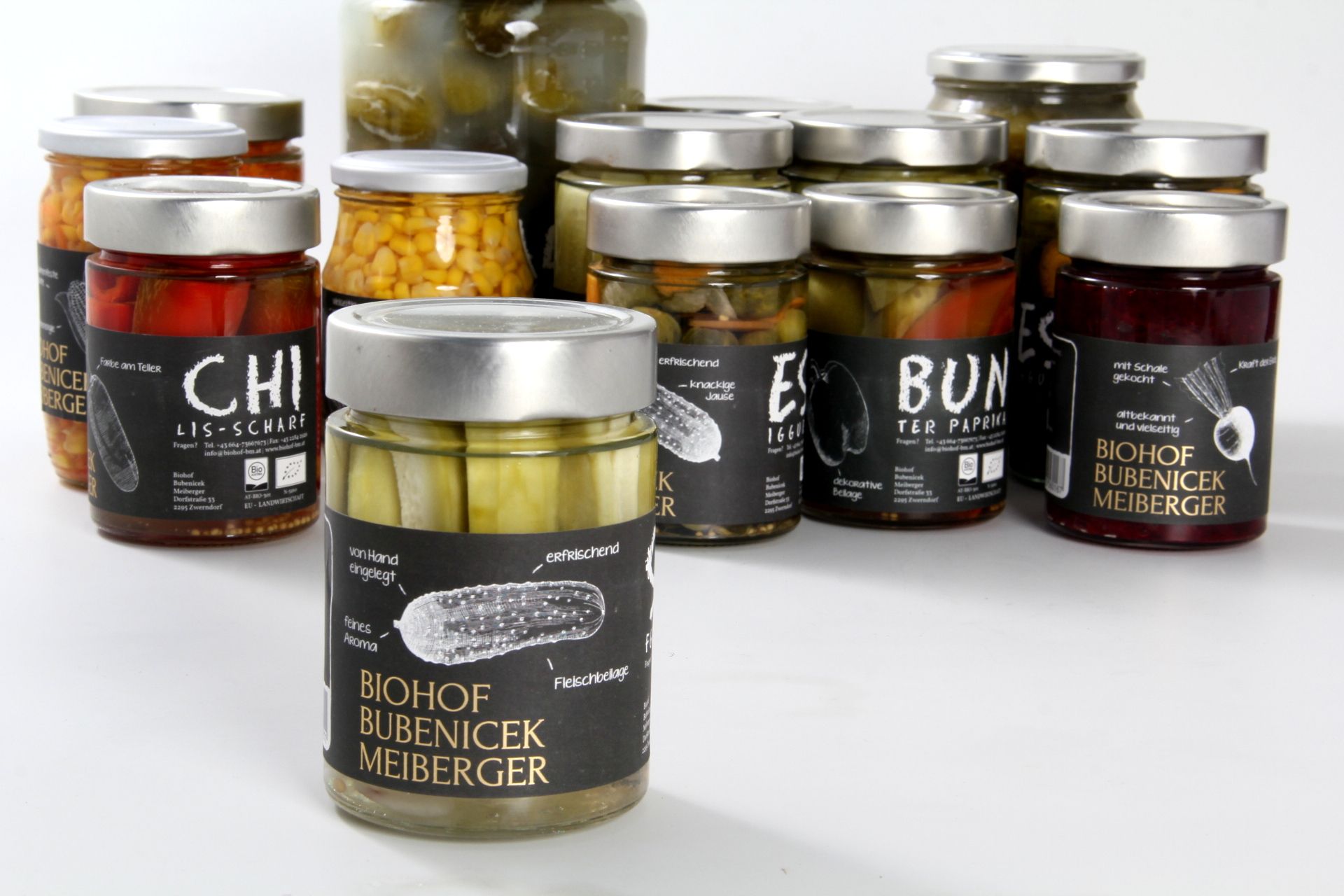 Various jars of pickled vegetables from the Bubenicek Meiberger organic farm.
