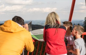 People on a vantage point in Mönichkirchen with a view of the landscape.