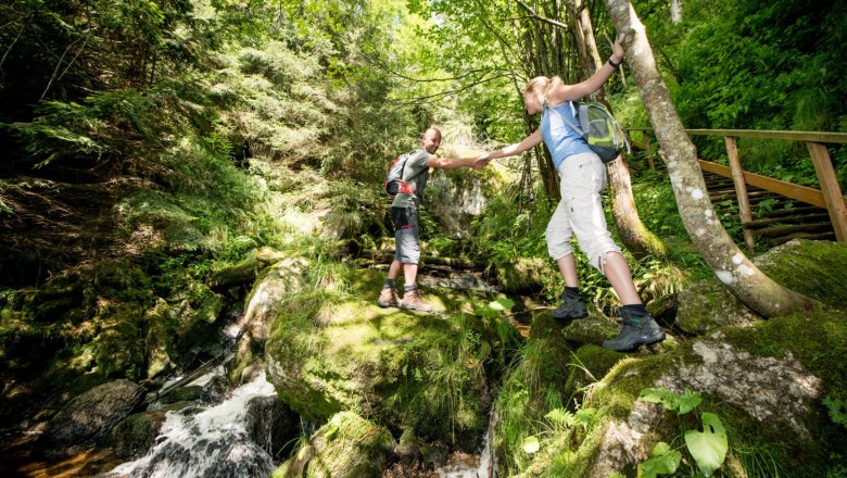 Two hikers help each other cross a stream in a green forest.