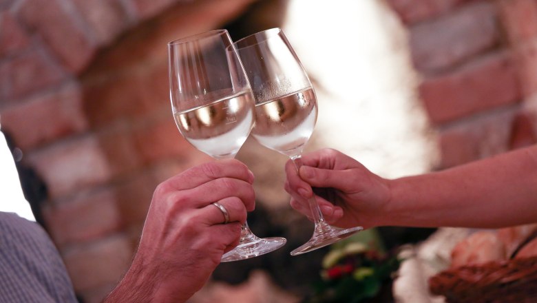 Two people toast with filled wine glasses.