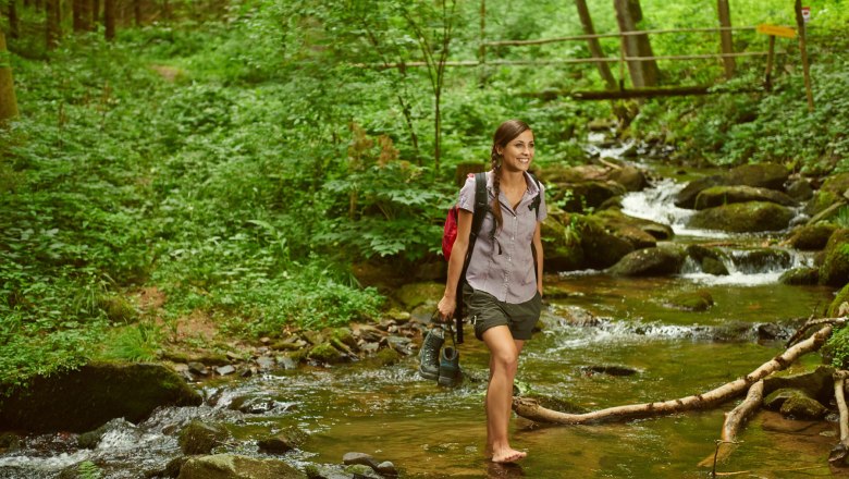 Woman walking barefoot through a stream in a forest.