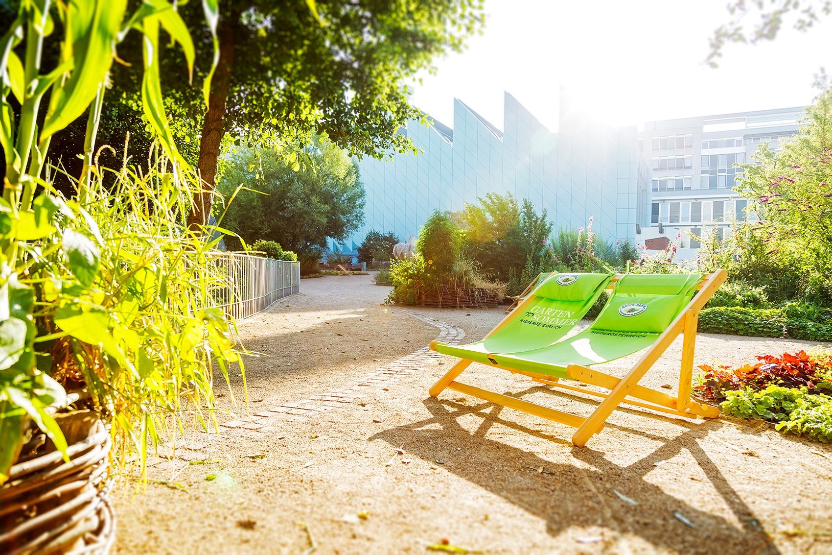 Garden area of the Museum Niederösterreich with green deckchairs and plants in the sunlight.