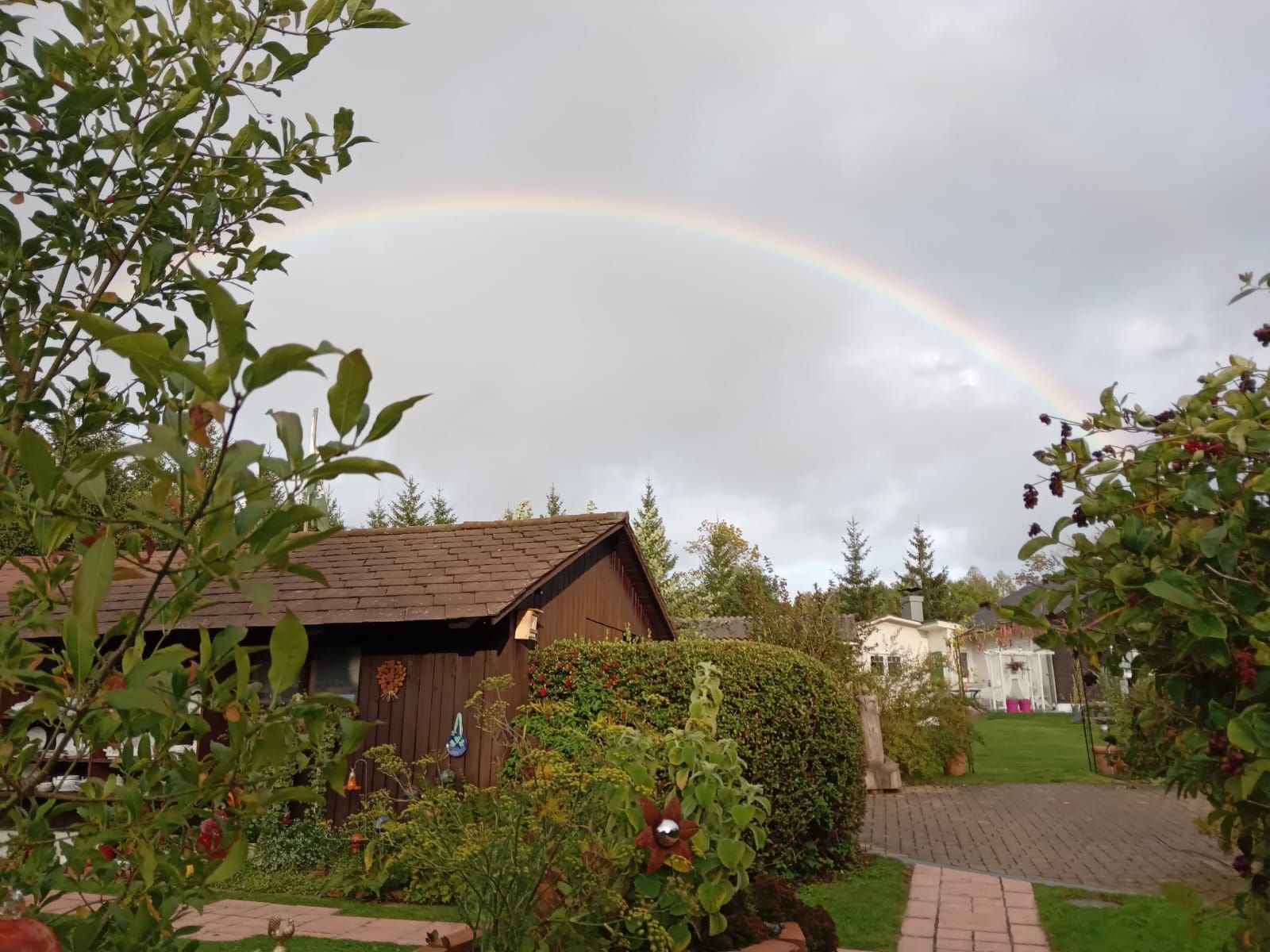 A rainbow stretches over a garden with a wooden house and plants.