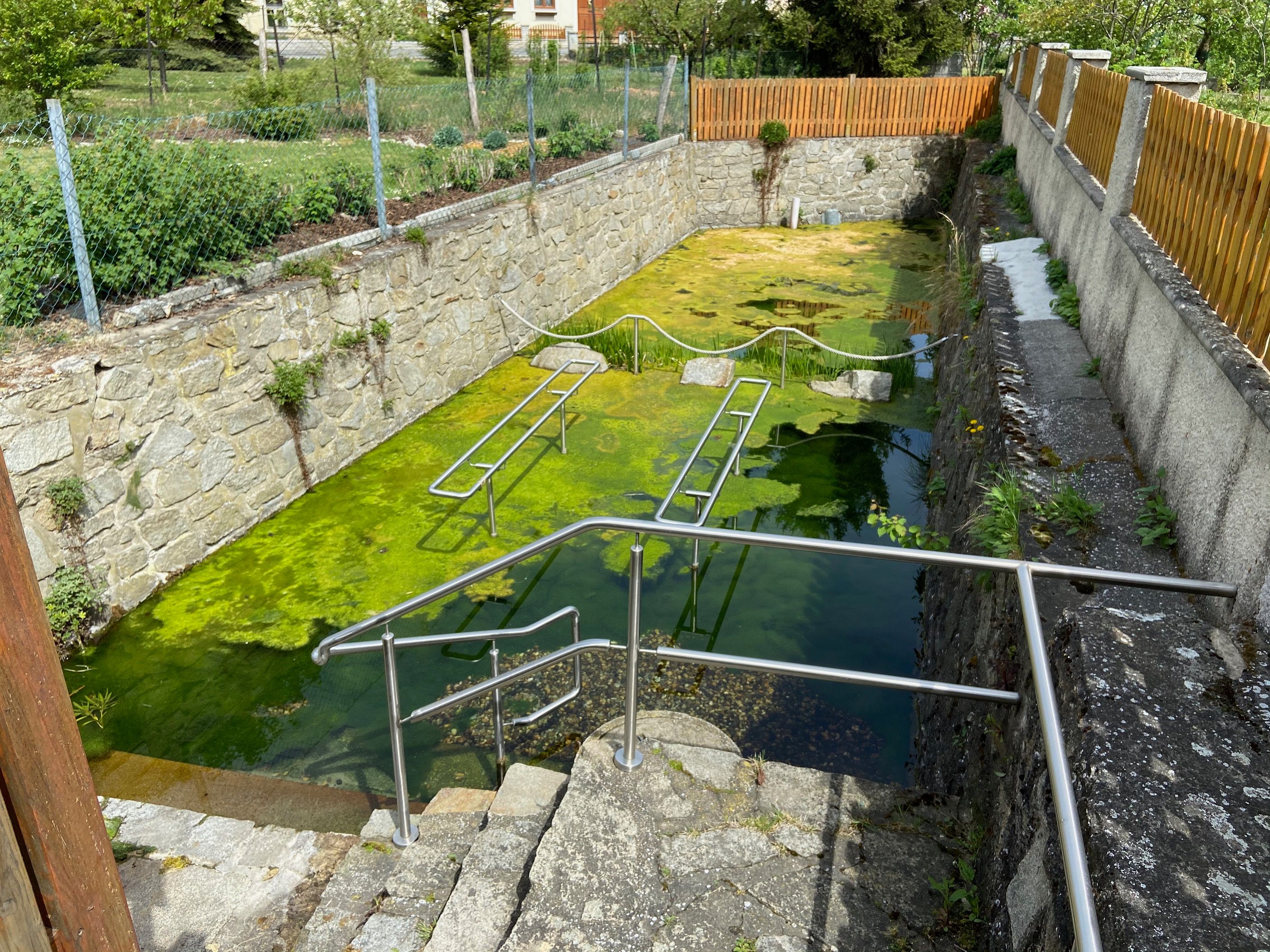 Water treading facility with green water and metal railings.
