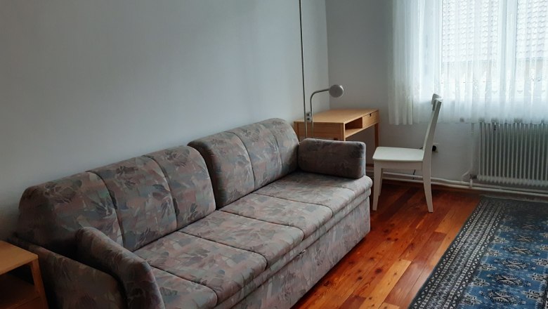 A simply furnished room with a sofa, a desk, a chair and a carpet on a wooden floor.