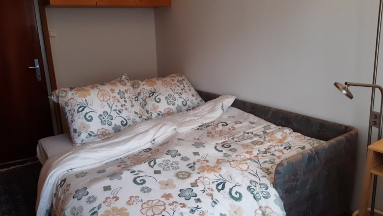 A small room with a pull-out sofa that serves as a bed for two, with floral bed linen and a reading light next to it.