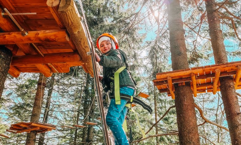 A child wearing a helmet and safety equipment climbs between trees in a forest ropes course.