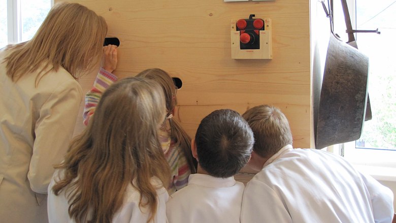 Group of children and a woman looking through holes in a wooden wall.