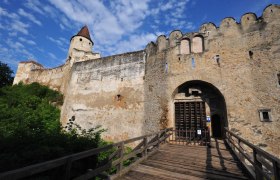 Entrance gate of an old castle with wooden gate and crenellated wall, blue sky in the background.