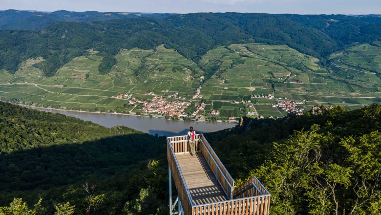 Viewing platform with a view of the river and vineyards in a green landscape.