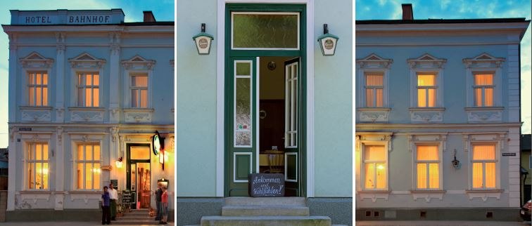 Three-part picture of a historic building with the inscription 'Hotel Bahnhof'.