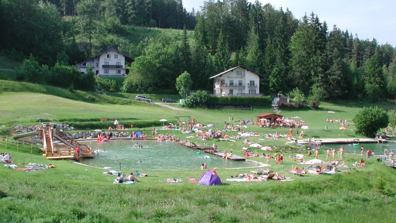 A lively natural swimming pond with lots of people, surrounded by green meadows and woods, with two buildings in the background.