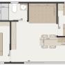 Floor plan of a chalet with bedroom, bathroom, kitchen and living area.