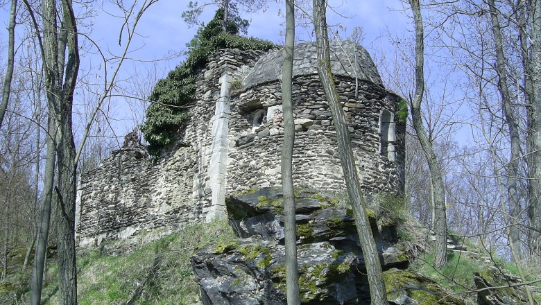 Ruin in a forest with trees and blue sky.
