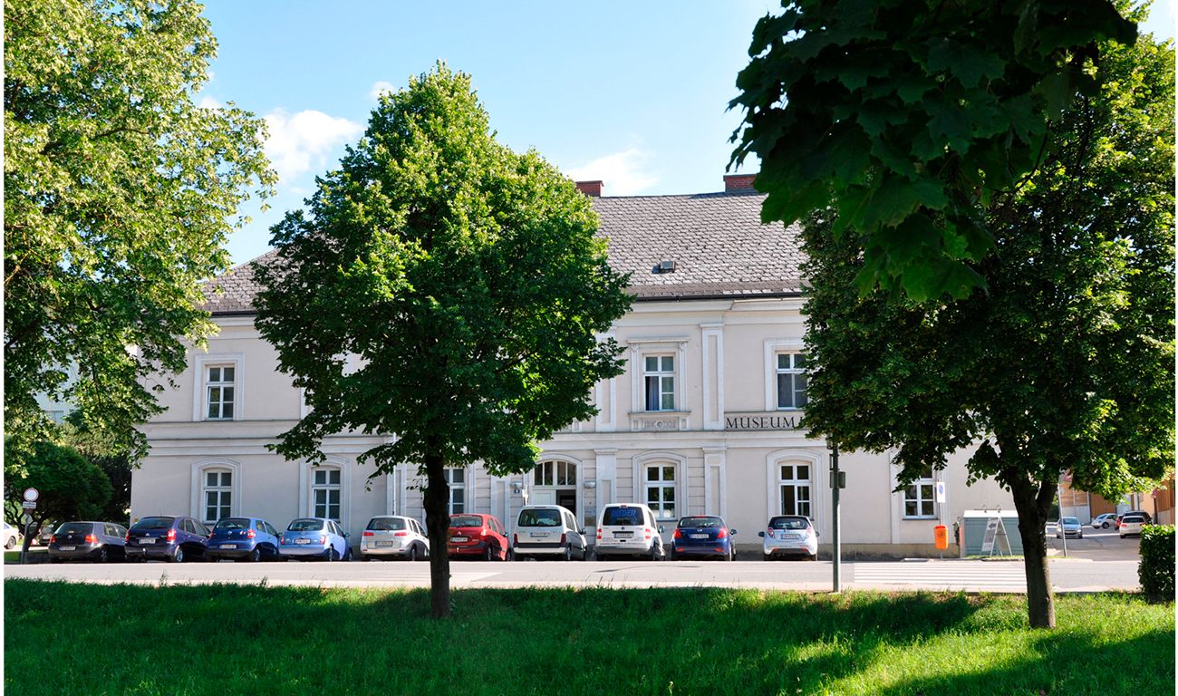 A white building with the inscription 'Museum', surrounded by trees and parked cars.