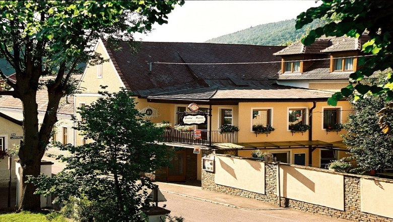 Exterior view of the Leopold Janu bed and breakfast with yellow façade and flower boxes.
