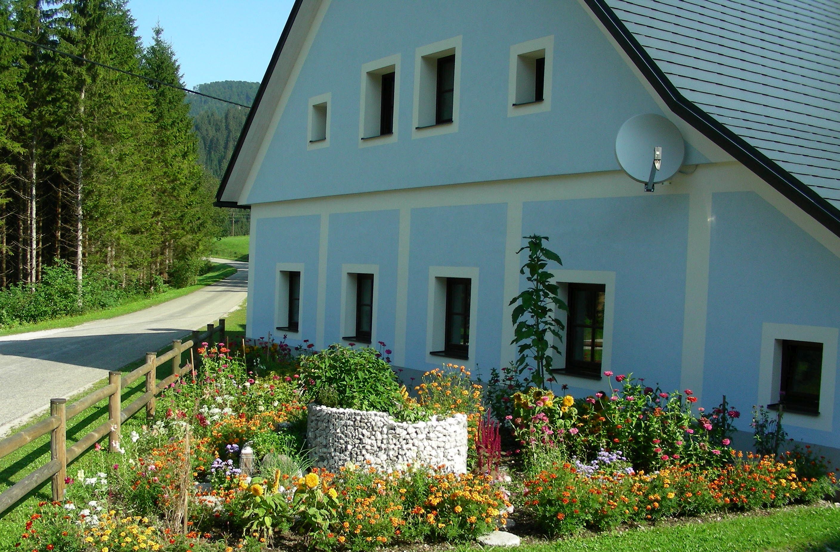 Front garden with colorful flowers and herbs in front of a blue house with white window frames.