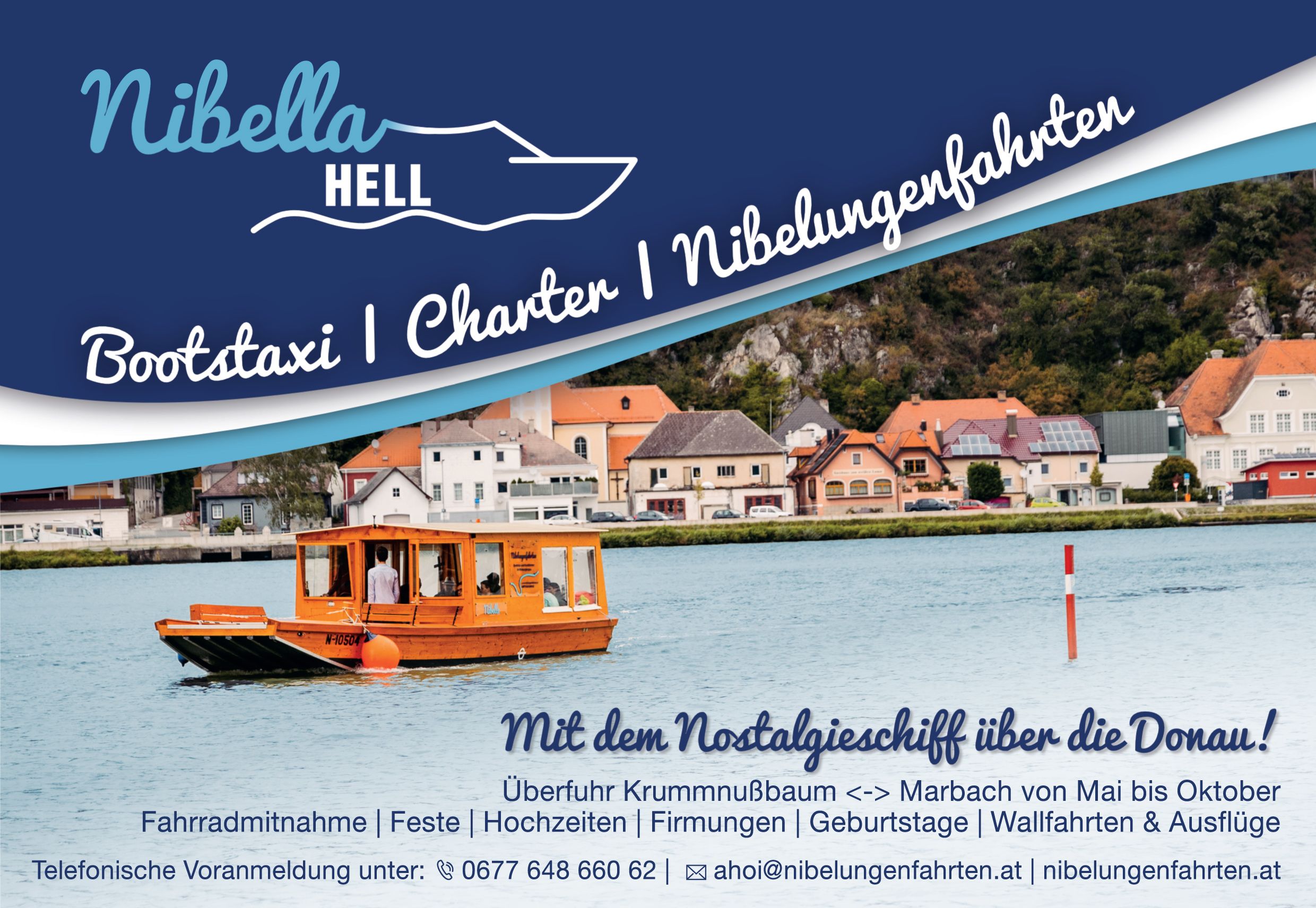 Advertising for Nibella Hell boat cab and charter on the Danube.
