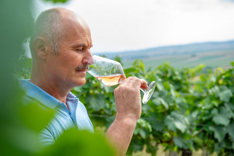 Man smelling a glass of wine in a vineyard.