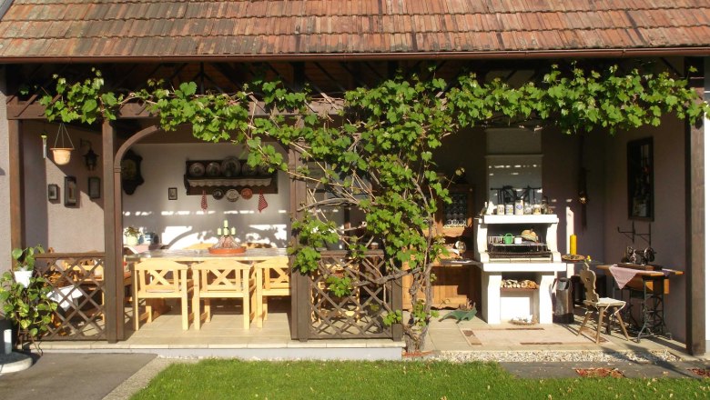 Überdachte Terasse mit einer Weinrebe, Stühlen, Tisch und einem Griller.