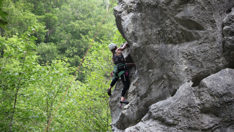 Person climbing on a rock face outdoors, surrounded by green trees.