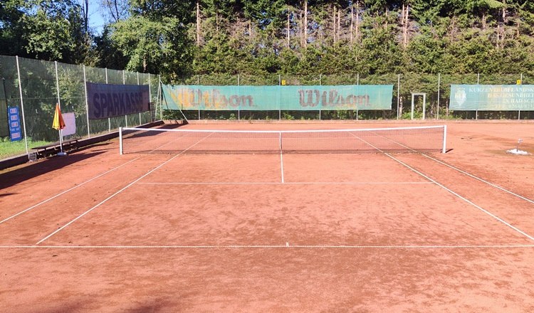 An empty tennis court with a red clay surface and surrounding trees.