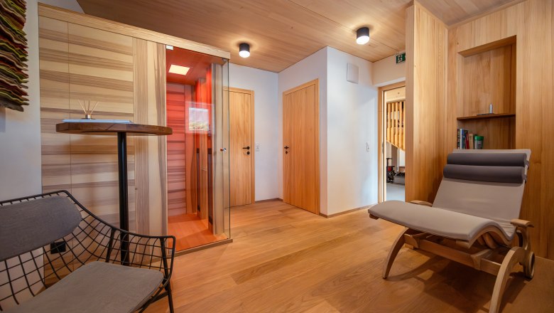 Interior view of a modern room with wood paneling, reclining chair and infrared cabin.