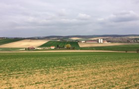 Landscape with fields and farm in the distance.
