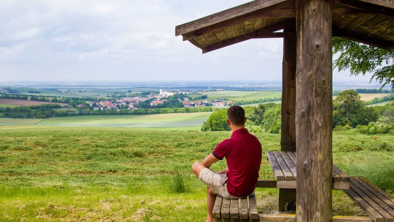 A man sits under a wooden shelter and looks out over a wide landscape with fields and a village in the distance.