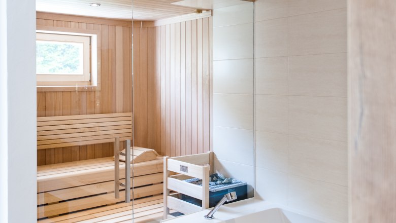 Interior view of a modern sauna with wooden paneling and glass wall, next to a white bathtub.